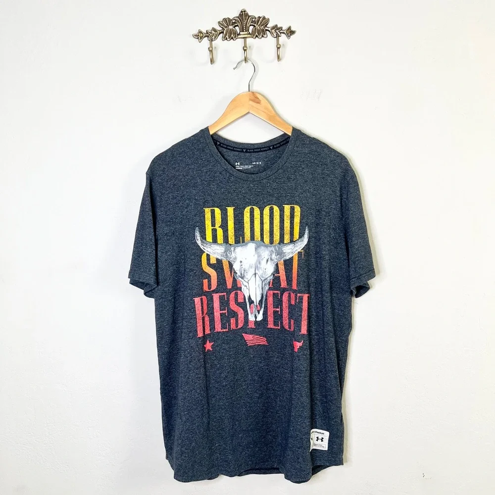 Under Armour T-Shirt Project Rock Blood Sweat Respect Mens Size Large Gray Tee